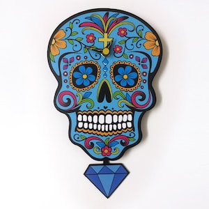 Blue Sugar Skull - Day of the Dead -Dia de Los Muertos - Calavera - Pendulum Wall Clock