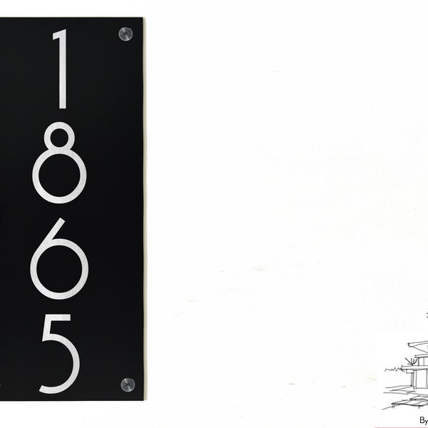 Letrero de casa moderno vertical con diseños / fuentes grabados con láser de fibra de plata y aluminio negro (ACP) - Dirección de casa - Placa - Fuente Art Déco
