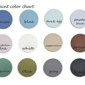 May include: Chalk paint color chart with 12 paint colors in round circles. The colors are denim, blue, duck egg, powder blue, Victorian pink, white, cappuccino, brown, turquoise, olive, gray, and black.