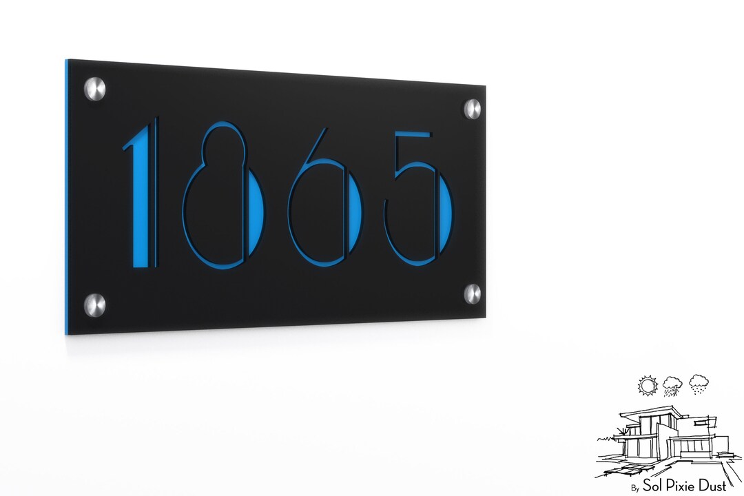 Art Deco Modern House Numbers - Rectangle Black With Blue Acrylic ...