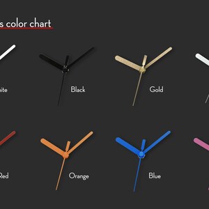 May include: Color chart showing eight different colors of small clock hands. The colors are white, black, gold, silver, red, orange, blue, and pink.