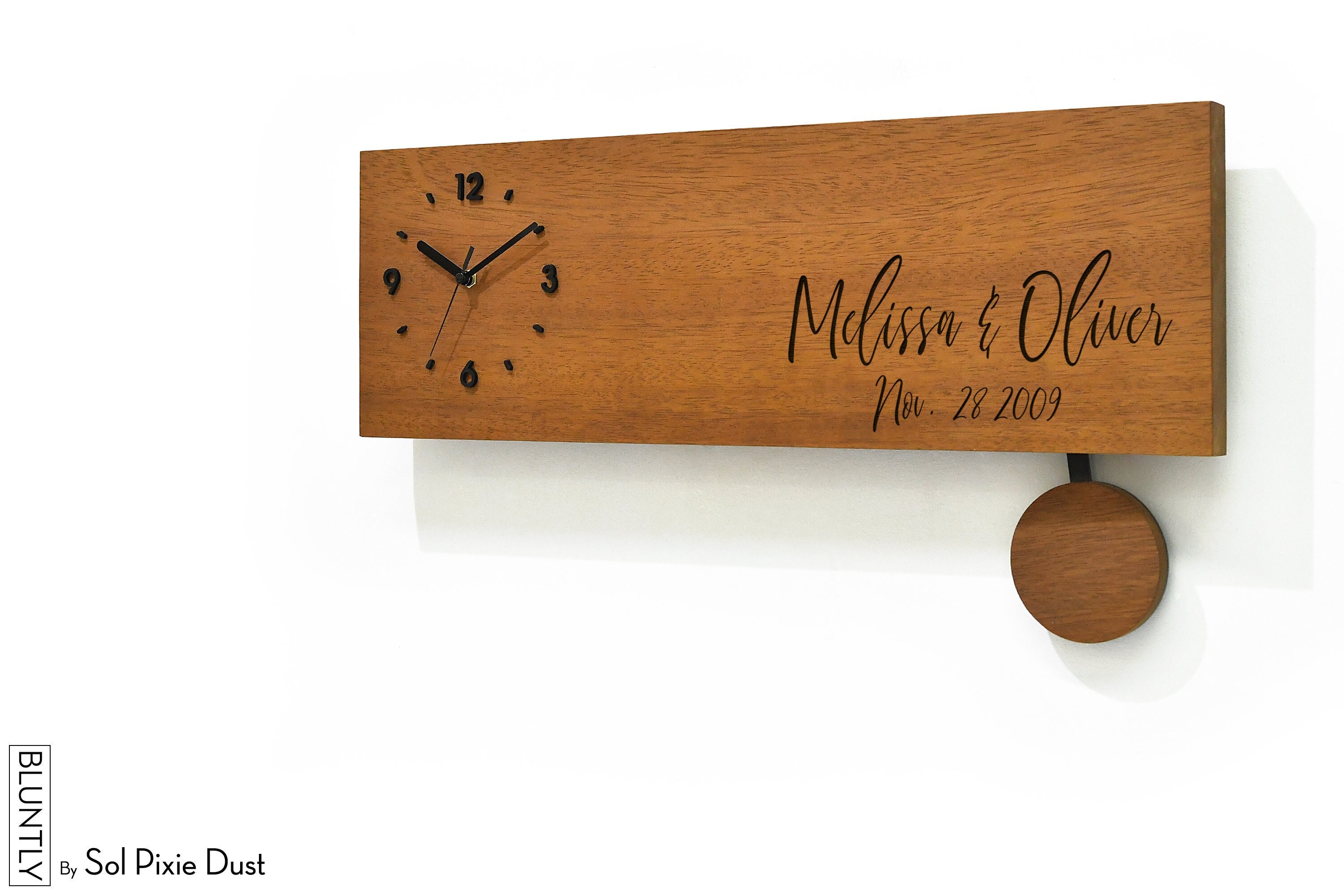Modern Wooden Wall Clock - Pendulum Wall Clock - Laser Engraved Iroko Wood - Anniversary Personalized Gift - Wedding Gift Idea- Couple Names