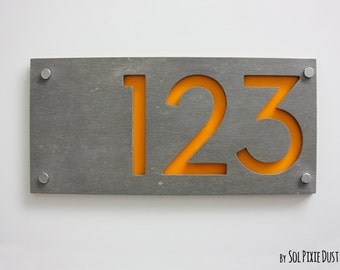 Modern House Numbers, Rectangle Concrete with Yellow Acrylic - Contemporary Home Address - Sign Plaque - Door Number