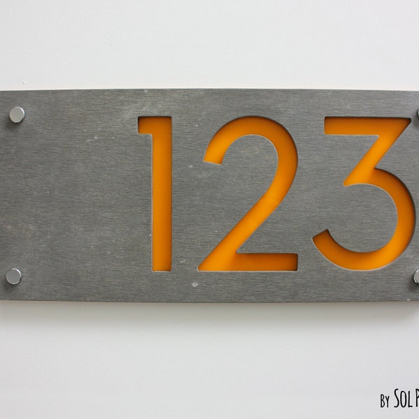 Modern House Numbers, Rectangle Concrete with Yellow Acrylic - Contemporary Home Address - Sign Plaque - Door Number