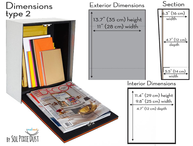 May include: A silver mailbox with a black flap and orange trim. The mailbox is open and has a magazine inside. The mailbox has exterior dimensions of 13.7 inches high by 11 inches wide and interior dimensions of 11.4 inches high by 9.8 inches wide.