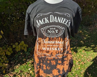 Large Tennessee whiskey bleach dye tshirt black orange drinking shirt short sleeve crew neck cotton shirt