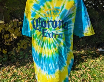 Large short sleeve crew neck beer shirt drinking T yellow blue tie-dye cotton graphic shirt