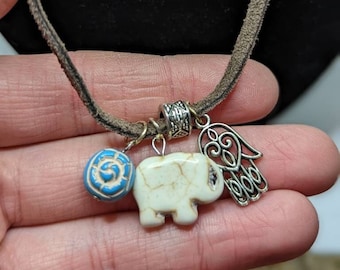 Free shipping. hamsa, elephant, blue rose,brown suede lace charm clasp necklace