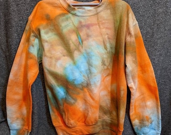 Tiedye sweater ice dye sweatshirt  tie-dye pullover sweater colorful cotton boho bean soft sweater crew neck long sleeve orange blue pink