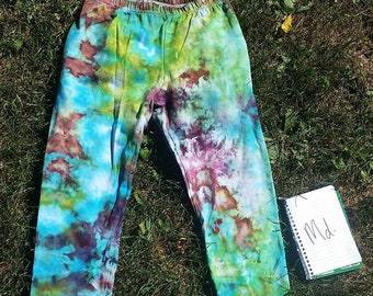 Free shipping. Medium tie dye ice dye ankle length leggings. Galaxy green, blue, purple, yellow boho bean hippy hippie trippy festival