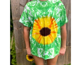 Free shipping. Sunflower tiedye t-shirt yellow green orange brown eye boho bean hippie chick hippy guy gift idea festival fashion hike rave