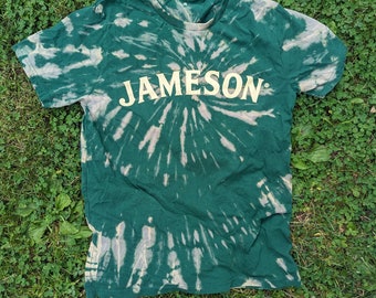 Small green tie-dye whiskey bleach dye tshirt crew neck short sleeve top army green drinking graphic long sleeve cotton polyester rayon