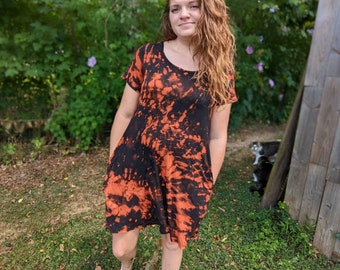 Medium Bleach dye dress reverse dye dress with pockets black orange cotton light weight boho bean above knee dress short tie-dye dress