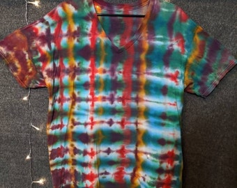 Free shipping. multicolored unisex radio wave large v neck tie dye t shirt. Colorful turquoise, red, purple boho bean guy gift hippy chick