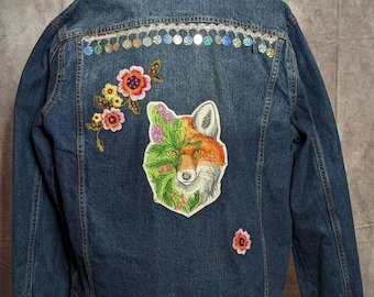 Large Denim jean jacket blue sewn ribbon iron on patches. Fox patch flower patch floral nature cotton embroidery trim sparkling coin fringe