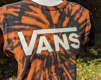 Small vans Tshirt bleach dye shirt tie-dye top cotton short sleeve crew neck black and orange