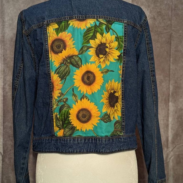 Small denim jacket medium jean jacket bleach dye jean jacket tie-dye denim sunflower material sunflower denim jacket cotton