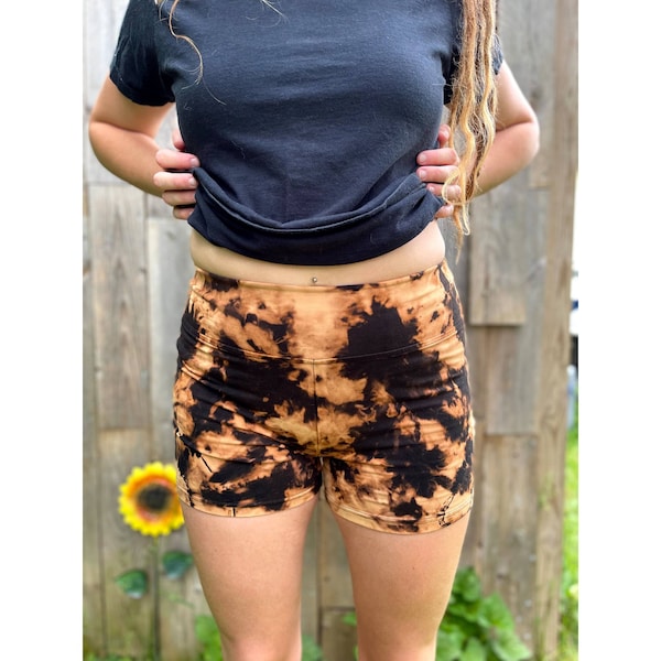 Black bleach dye tiedye acid dye booty spandex stretch bike dance hike rave hotyoga shorts boho bean hippie chick hippy gift pocket large XL