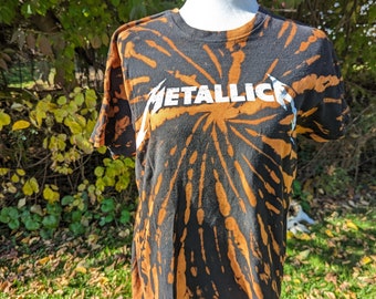 Large Metallica shirt bleach dye tshirt band tie-dye shirt black short sleeve crew neck