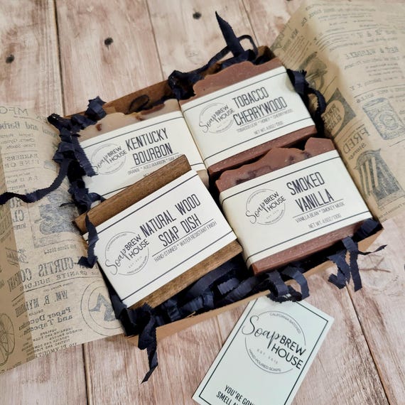 Men's Soap Gift Set, mens grooming gift, set of three soaps with wood soap tray