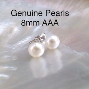 8mm Genuine AAA Pearl Earrings,Genuine Pearl Studs, Genuine Pearl Earrings, Genuine Pearl Stud Earrings, Freshwater Pearl Studs, 925 Silver