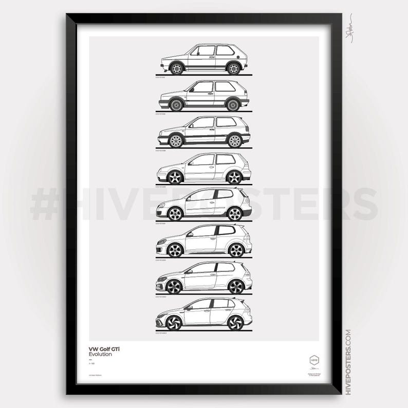 Puede incluir: Un p&oacute;ster enmarcado con siete ilustraciones en blanco y negro de la evoluci&oacute;n del VW Golf GTI. Los coches se muestran de perfil, destacando los cambios de dise&ntilde;o. El p&oacute;ster incluye el texto "VW Golf GTI Evolution".
