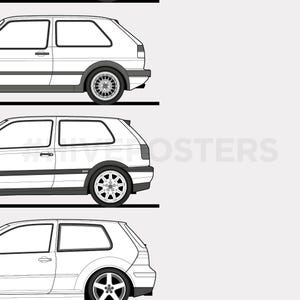 Puede incluir: Dibujos lineales blancos de tres coches Volkswagen Golf, cada uno con un estilo diferente. Los coches se muestran de perfil, mostrando su dise&ntilde;o y los detalles de las ruedas. El fondo es de color gris claro.