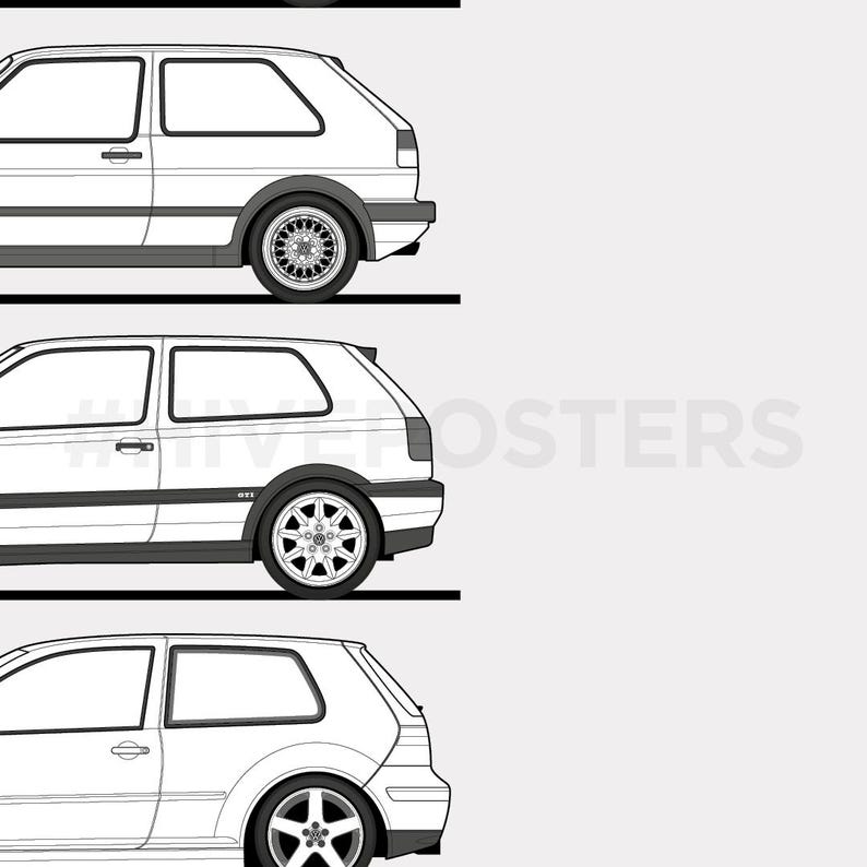 Puede incluir: Dibujos lineales blancos de tres coches Volkswagen Golf, cada uno con un estilo diferente. Los coches se muestran de perfil, mostrando su dise&ntilde;o y los detalles de las ruedas. El fondo es de color gris claro.