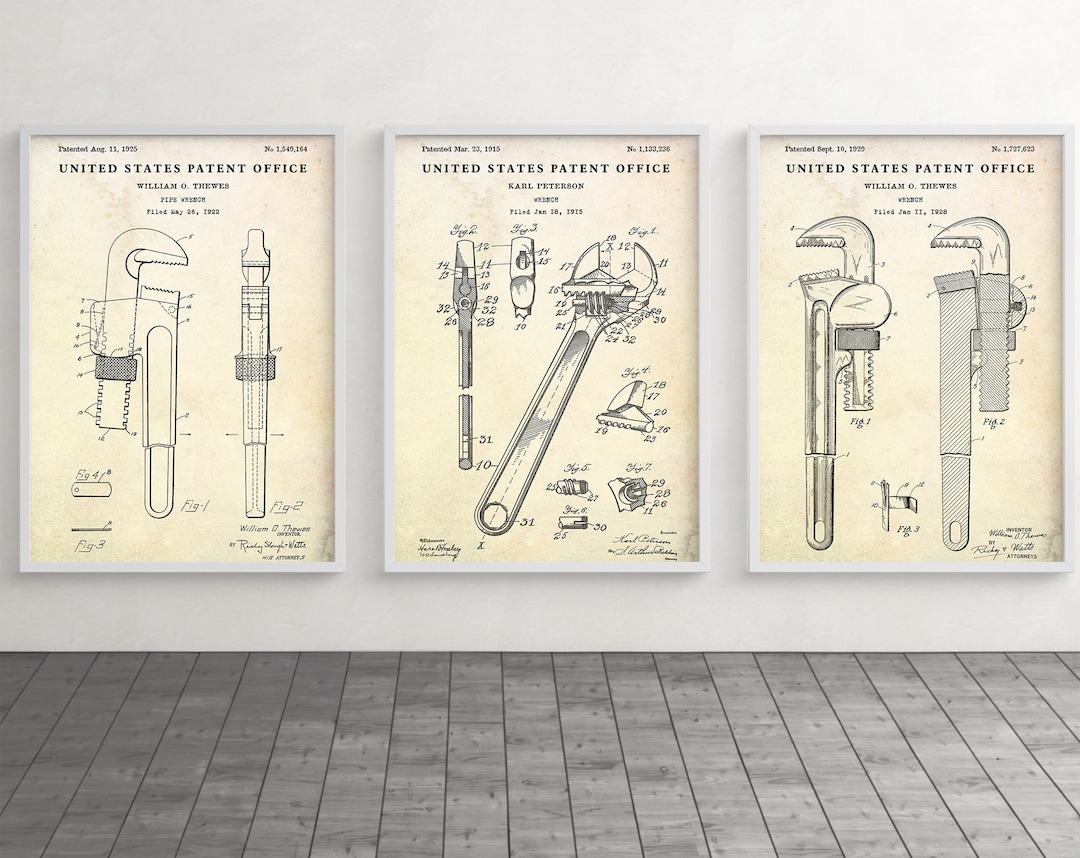 Pipe Wrench & Adjustable Wrench Patent Wall Art, Man Cave Garage Repair