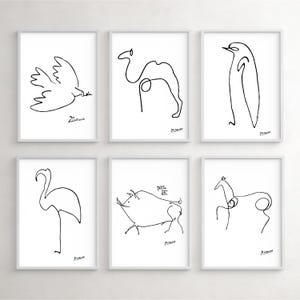 Minimalistische Wandkunst, Picasso Tiere Skizze Line Art Zeichnung Poster, Set mit 6 Drucken