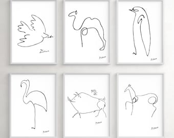 Picasso Line Drawings, Picasso Prints, Set of 12 , Animal Sketches