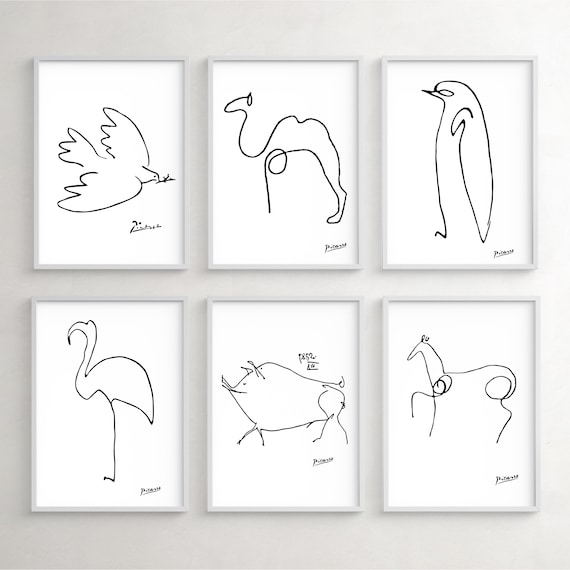 ミニマリストウォールアート、ピカソの動物スケッチ線画ポスター、6枚