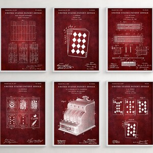 May include: Six vintage-style United States Patent Office posters with a red background and white text. The posters feature illustrations of playing cards, a cash register, and a grid pattern.