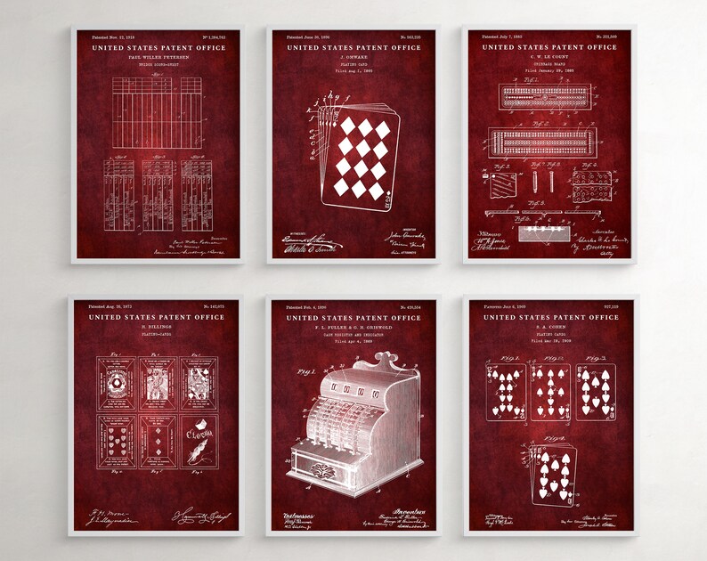 May include: Six vintage-style United States Patent Office posters with a red background and white text. The posters feature illustrations of playing cards, a cash register, and a grid pattern.
