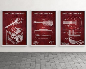 Kunstprints van akoestische gitaarpatenten, cadeau voor muzikanten, set van 3 vintage posters