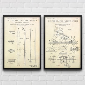 Poster di brevetti di sci e scarponi da sci, arte murale di sport invernali, progetti di invenzioni, regalo per sciatori, arredamento vintage, set di 2 stampe