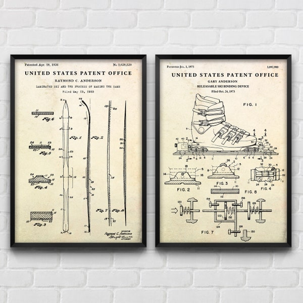 Skis & Ski Boots Patent Posters, Winter Sports Wall Art, Inventions Blueprint, Skier Gift, Vintage Decor, Set Of 2 Prints