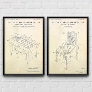 Foosball Table & Pinball Machine Patent Wall Art, Amusement Arcade Game Vintage Poster, Man Cave, Barcade Retro Decor, Set of 2 Prints
