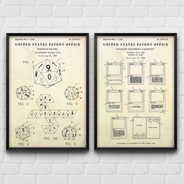 MTG Wall Art: 20 Sided Dice & Trading Card Game Patent Posters, Magic Player Gift, Nerd Geeky DnD Decor, Set Of 2 Prints