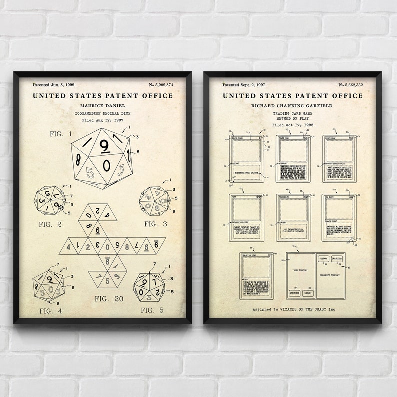 MTG Patent Art Prints: D20 Dice & Trading Card Game, Set of 2 Vintage