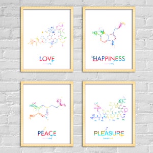 Amor, Paz, Felicidad, Moléculas de Placer Arte mural: Oxitocina, Dopamina, Serotonina, Cartel de vasopresina, Regalo de buenas vibraciones, Conjunto de 4 impresiones