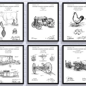 May include: A set of six black and white patent drawings. Each drawing features a different invention, including a cow milking device, a tractor, a rooster, a farm implement, a farm implement, and a farm implement. The drawings are all in the same style and include the text "United States Patent Office".