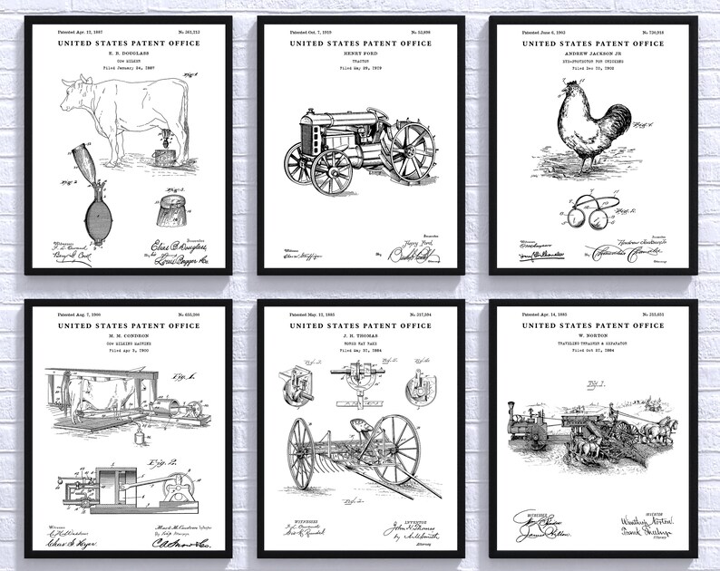 May include: A set of six black and white patent drawings. Each drawing features a different invention, including a cow milking device, a tractor, a rooster, a farm implement, a farm implement, and a farm implement. The drawings are all in the same style and include the text "United States Patent Office".