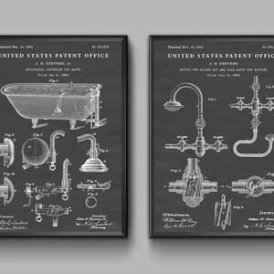 May include: Two black and white patent drawings for bathroom fixtures. The first drawing shows a bathtub with a faucet and spout. The second drawing shows a faucet with a shower head and a spout. Both drawings include text with the patent number and date.