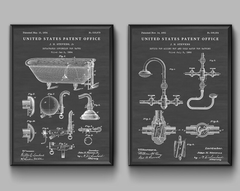 May include: Two black and white patent drawings for bathroom fixtures. The first drawing shows a bathtub with a faucet and spout. The second drawing shows a faucet with a shower head and a spout. Both drawings include text with the patent number and date.