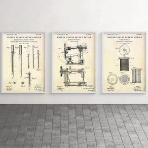 Sewing Decor: Sewing Machine, Needle, Thread Spool Patent Wall Art, Stitching Vintage Poster, Tailoring, Seamstress Gift, Set Of 3 Prints