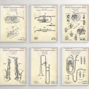 Blechblasinstrumente Patent Wandkunst, Musiker Geschenk, Blasinstrument Erfindungen Blueprint Poster, Jazz Band Vintage Dekor, 6er-Set Drucke