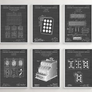 May include: Six black and white vintage patent drawings for playing cards, a cash register, and a card game. The drawings are framed in white frames and have the text "United States Patent Office" at the top.