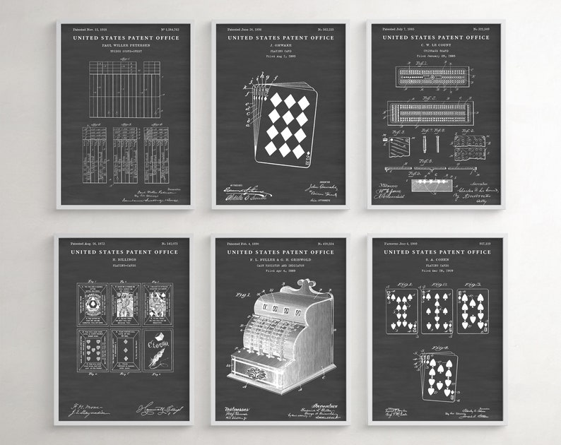 May include: Six black and white vintage patent drawings for playing cards, a cash register, and a card game. The drawings are framed in white frames and have the text "United States Patent Office" at the top.