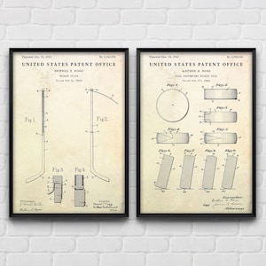 Hockey Stick & Puck Patent Posters, Ice Sports Wall Art, Inventions Blueprint, Hockey Player Gift, Vintage Decor, Set Of 2 Prints
